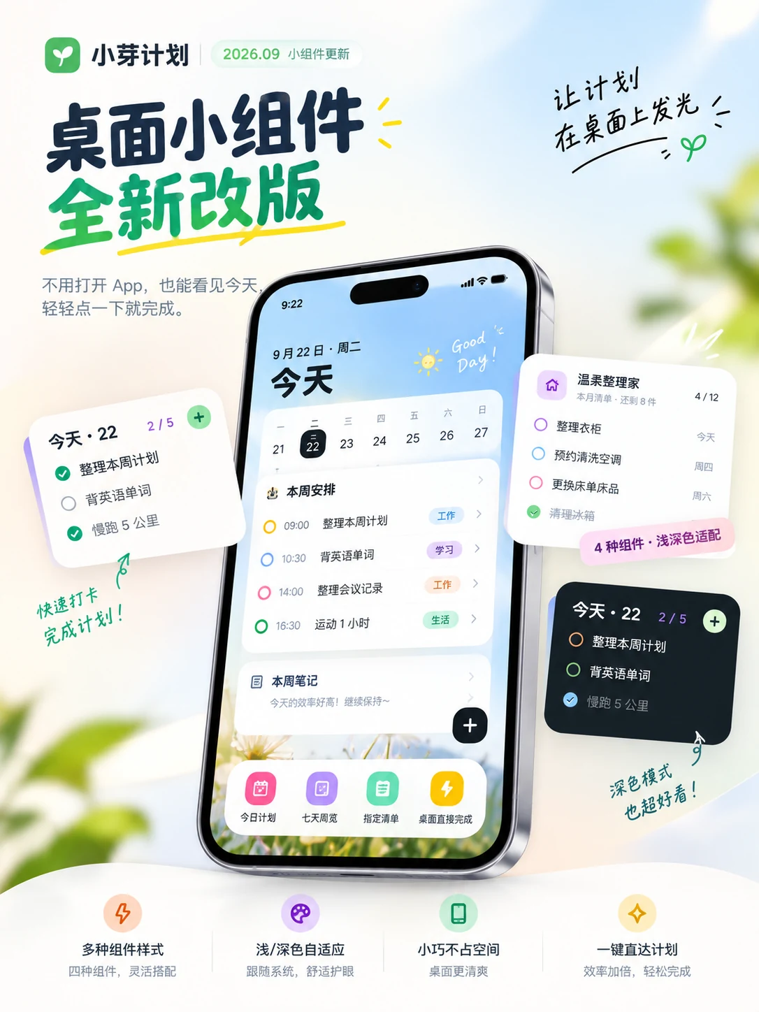 小芽计划桌面小组件全新改版宣传图,展示今日计划、七天周览、指定清单和深色模式组件